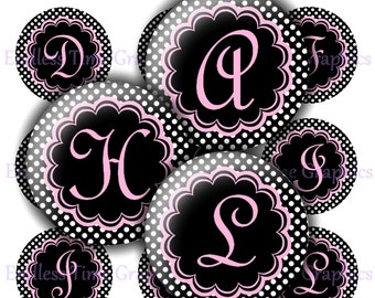 Alphabet Bottle Cap Images ~*DIGITAL*~ Black Polka Dot Background Full Alphabet  ~*Digital Collage Sheet*~ 1 Inch Printable Circles 154