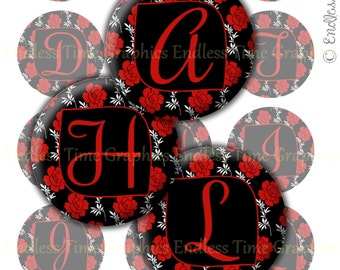Images de capsules de bouteilles alphabet roses, cercles de 2,5 cm (téléchargement numérique)