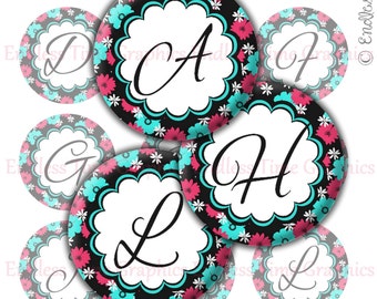 Alphabet Bottle Cap Images, Floral Initial Pendants (Digital Download)