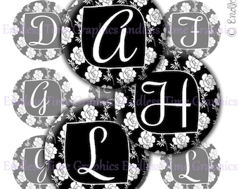 Floral Alphabet Bottle Cap Images, 1 Inch Circles (Digital Download)
