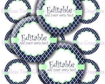 Editable Bottle Cap Images: Navy, Mint Green Quatrefoil (Digital Collage Sheet)