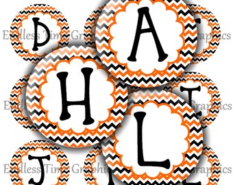 Orange Black Letter Bottlecap Images, DIY Pendants (Digital Download)