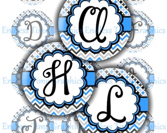 Blue Alphabet Bottle Cap Images, DIY Pendants (Digital Download)