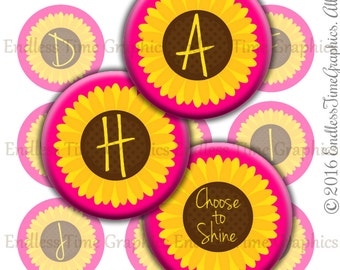 Sunflower Alphabet 1 Inch Circle Images, DIY Pendants (Digital Download)