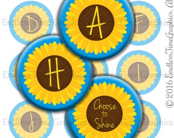 Images de capsules de bouteilles alphabet tournesol, cercles de 1 pouce (téléchargement numérique)