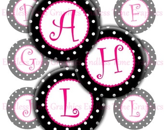 Polka Dot Alphabet Bottle Cap Images, Pink & Black (Digital Download)