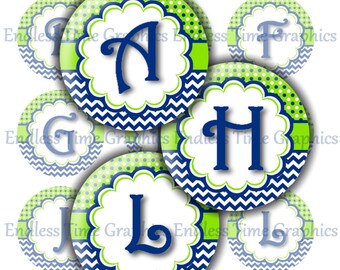 Alphabet Bottle Cap Images ~*DIGITAL*~ Blue and Green Polka Dot Chevron Full Alphabet ~*Digital Collage Sheet*~ 1 Inch Printable Circles 079