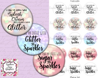 Obrazy na nakrętkach butelek z cytatami o kawie: brokat, iskierki, krem (cyfrowe koło o średnicy 2,5 cm)