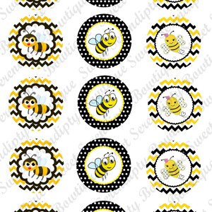May include: Twelve round cupcake toppers featuring a cartoon bee with black and yellow stripes, a yellow body, and black wings. The bee is on a black and white background with a yellow border. The backgrounds are either polka dots or a chevron pattern.
