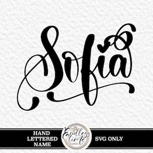 Puede incluir: Letras negras en cursiva del nombre "Sofia" sobre un fondo blanco texturizado. La palabra está estilizada con elegantes espirales y florituras. Debajo, una pancarta negra con las palabras "Hand Lettered Name" y un logotipo.