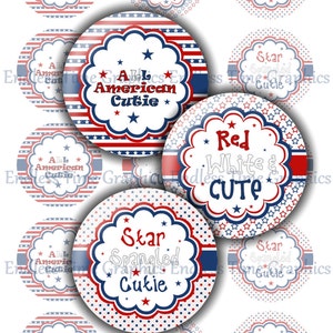 4th of July Bottle Cap Images DIGITAL All American Cutie. Hair Bow Center. Badge Reel. Pendant Necklace. 1 Inch Printable Circles 233 image 1