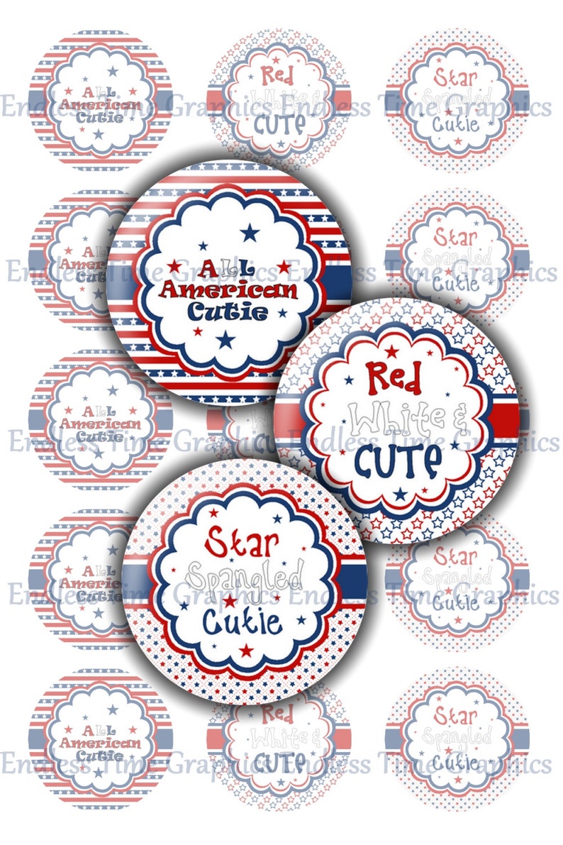 4th of July Bottle Cap Images DIGITAL All American Cutie. Hair Bow Center. Badge Reel. Pendant Necklace. 1 Inch Printable Circles 233 image 1
