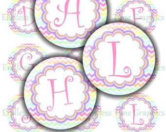 Pastel Alphabet Bottle Cap Images, 1 Inch Circle (Digital Download)