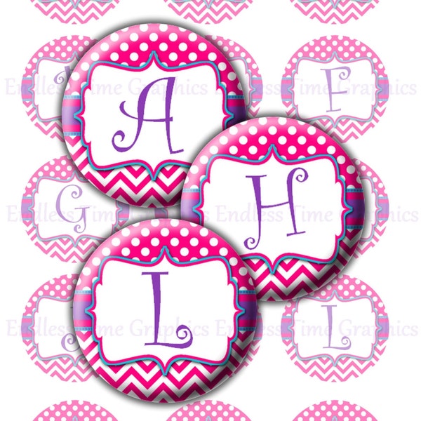 Alphabet Bottle Cap Images ~*DIGITAL*~ Hot Pink Chevron and Polka Dots Full Alphabet ~*Digital Collage Sheet*~ 1 Inch Printable Circles 198