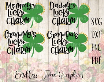 Pakiet Lucky Charm SVG. Pakiet St Patricks Day SVG. Mommy's Lucky Charm SVG. Daddy's Lucky Charm SVG. Plik SVG Cut. Plik SVG 4 Leaf Clover