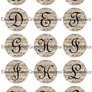 Music Bottlecap Images. Digital Bottle Cap Image. Vintage Sheet Music. Digital Collage Sheet. 1 Inch Printable Circle. Initial Bottlecap 051 image 3