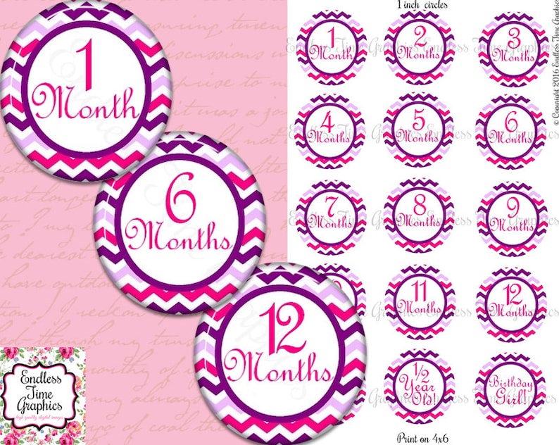 Pink Chevron Bottle Cap Images 1-12 Months: Birthday Girl Hair Bow Printable Circles 016 Cupcake Toppers Baby Milestone Bottlecap Images