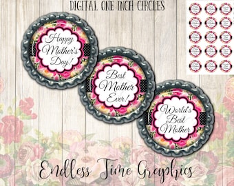 Mother's Day Bottlecap Images. Floral Design- Best Mom Ever, World's Best Mom. Mothers Day Digital Bottle Cap. 1 Inch Printable Circles 009