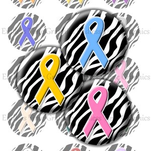 May include: Ten round, black and white zebra print stickers with a variety of colored ribbon designs. The ribbons are yellow, orange, light blue, purple, pink, and white.