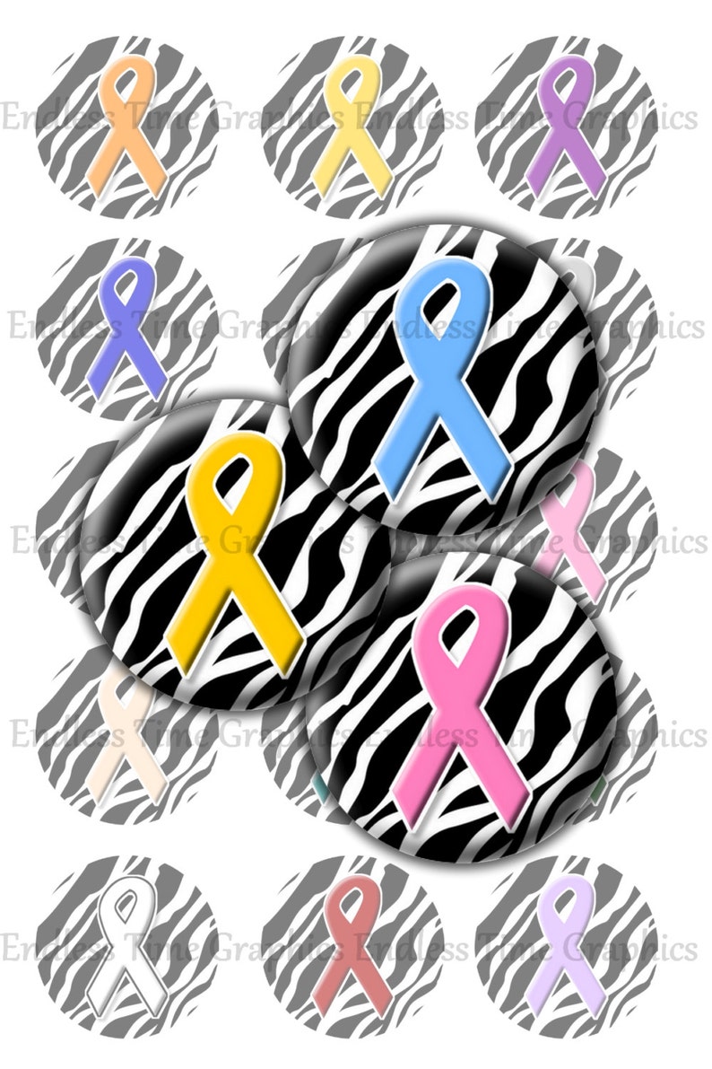 May include: Ten round, black and white zebra print stickers with a variety of colored ribbon designs. The ribbons are yellow, orange, light blue, purple, pink, and white.