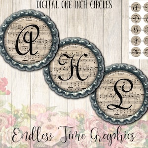 Music Bottlecap Images. Digital Bottle Cap Image. Vintage Sheet Music. Digital Collage Sheet. 1 Inch Printable Circle. Initial Bottlecap 051 image 1