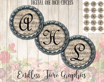 Music Bottlecap Images. Digital Bottle Cap Image. Vintage Sheet Music. Digital Collage Sheet. 1 Inch Printable Circle. Initial Bottlecap 051