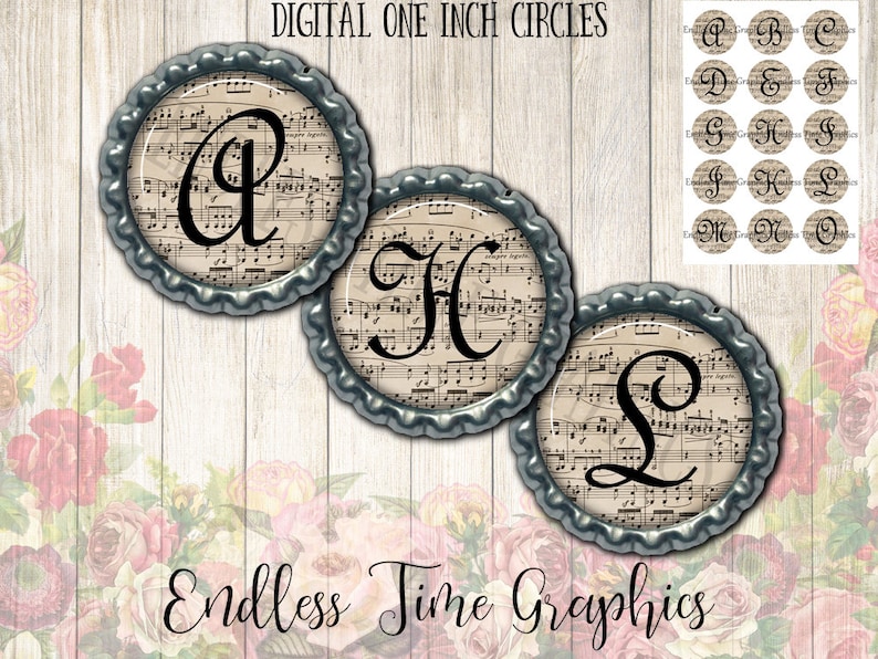 Music Bottlecap Images. Digital Bottle Cap Image. Vintage Sheet Music. Digital Collage Sheet. 1 Inch Printable Circle. Initial Bottlecap 051 image 1