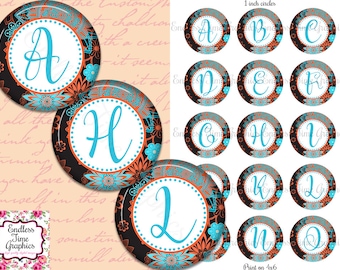 Images de capsules de bouteilles alphabet floral, cercles bohèmes de 1 pouce (téléchargement numérique)