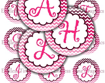 Pink Chevron Alphabet Bottle Cap Images, Initial Circles (Digital Download)