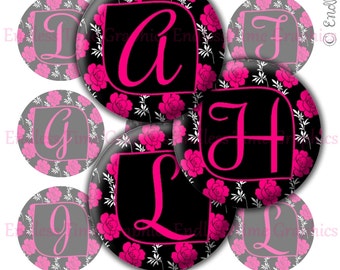 Images de capsules de bouteilles alphabet roses et noires : cercles de 2,5 cm (feuille de collage numérique)