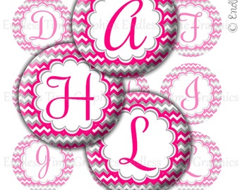 Alphabet Bottlecap Images: Hot Pink Chevron, 1 Inch Circles (Digital Download)