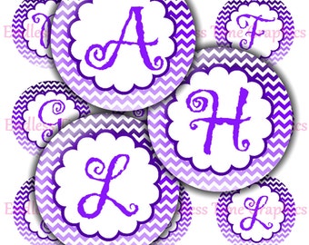 Purple Chevron Alphabet Bottle Cap Images, 1 Inch (Digital Collage Sheet)