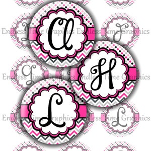 Imágenes de la tapa de la botella del alfabeto * * DIGITAL * " PolkaDot rosa y Chevron alfabeto completo * * CUPCAKE TOPPERS * 1 pulgada imágenes imprimibles 125