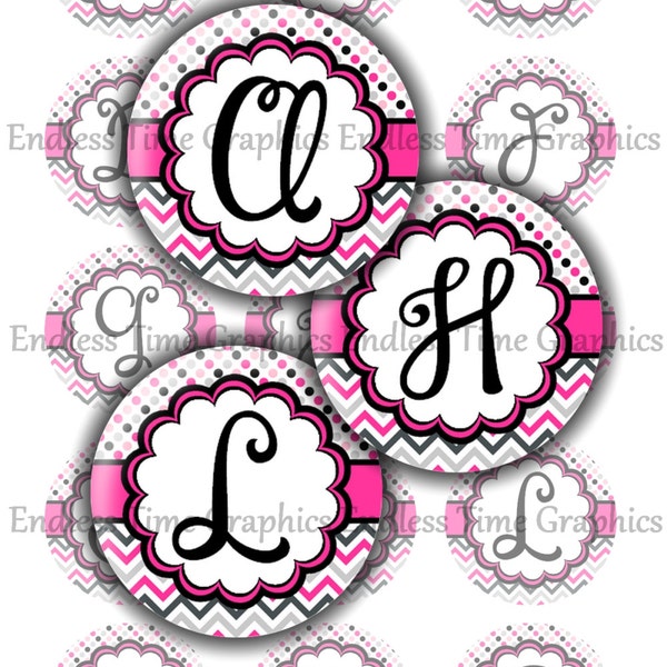 Alphabet Bottle Cap Images ~* DIGITAL*~ Pink PolkaDot and Chevron Full Alphabet ~*CUPCAKE TOPPERS*~ 1 Inch Printable Images 125