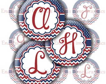 Imágenes de chapas de botellas del 4 de julio, alfabeto rojo, blanco y azul (descarga digital)