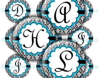 Alphabet Bottle Cap Images, Black Damask & Blue (Digital Download)