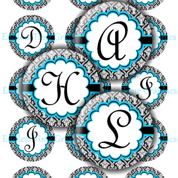 Alphabet Bottle Cap Images ~*DIGITAL*~ Black Damask with Blue Accents Full Alphabet ~*CUPCAKE TOPPERS*~ 1 Inch Circle 247