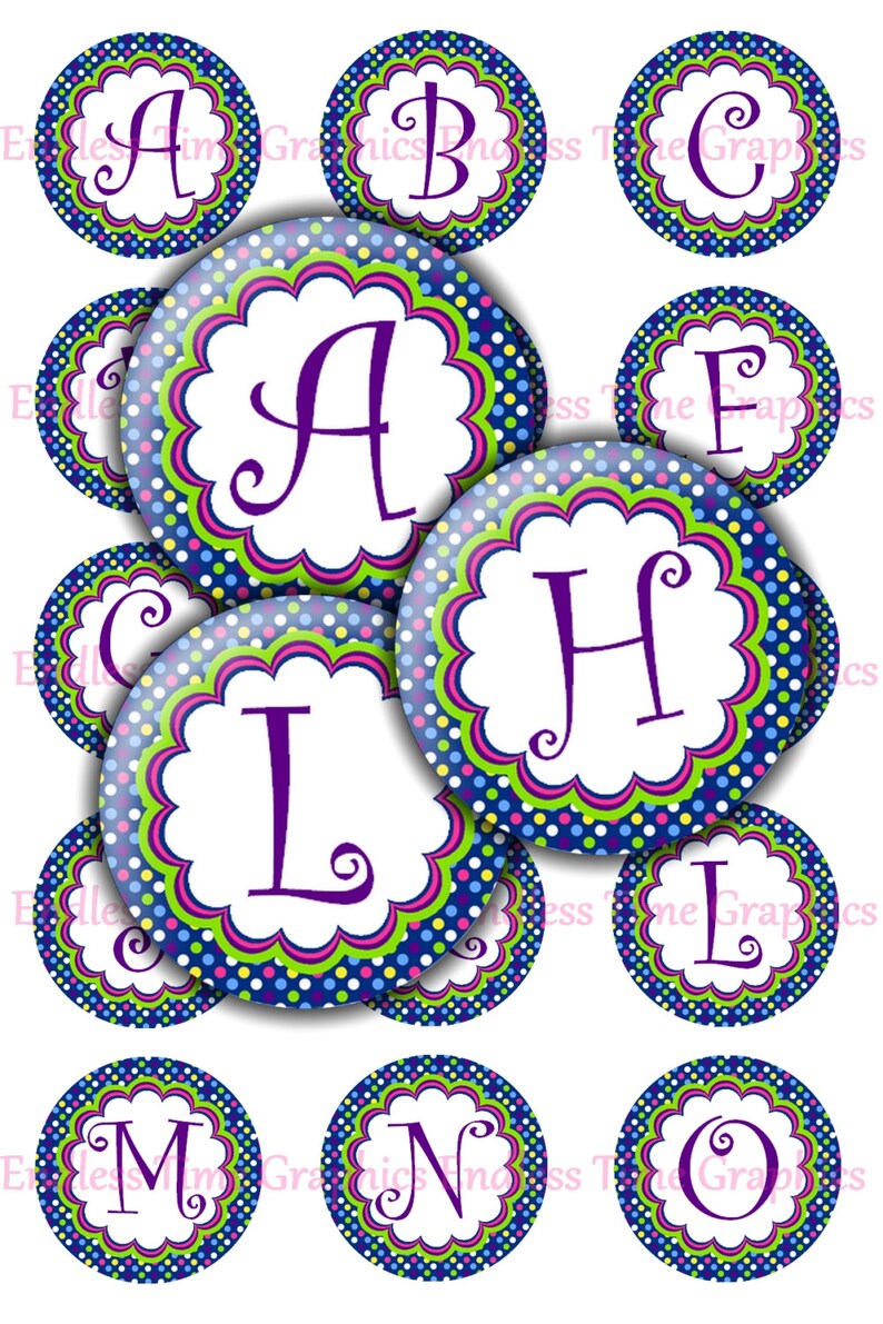 Alphabet Bottle Cap Images DIGITAL Colorful Polka Dots Background: Full Alphabet Digital Collage Sheet 1 Inch Printable Circles 187 image 1