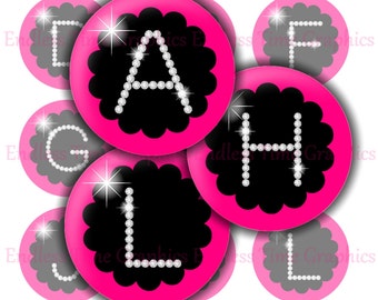 Bling Alphabet Bottle Cap Images, Hot Pink Circles (Digital Collage Sheet)