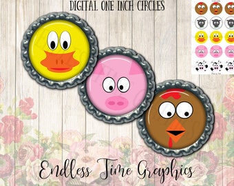 Obrazy nakrętek od butelek ze zwierzętami gospodarskimi, kółka o średnicy 2,5 cm (pobranie cyfrowe)