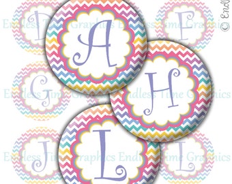 Alphabet Bottle Cap Images – Rainbow Chevron, 1 Inch Circles (Digital)