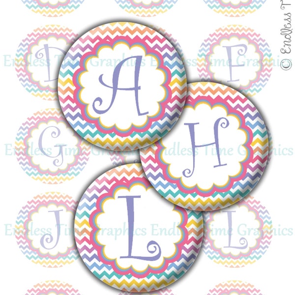 Alphabet Bottle Cap Images ~*DIGITAL*~ Full Alphabet- Rainbow Chevron Border. Badge Reel Image, Hair Bow Center. 1 Inch Printable Circle 133