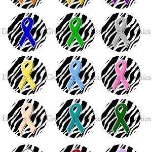 May include: Twelve round printable stickers with a zebra print background and a ribbon in various colors. The ribbons are in the colors orange, yellow, blue, green, gray, pink, light blue, teal, green, white, red, and purple.