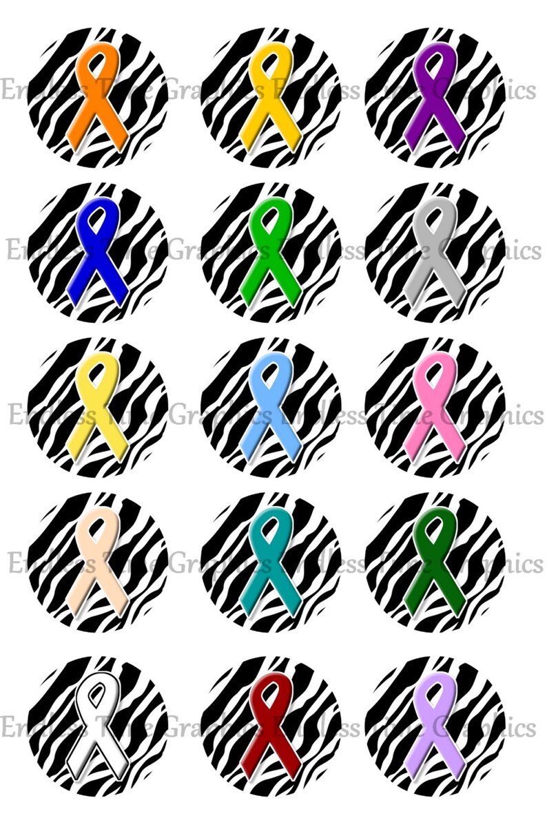May include: Twelve round printable stickers with a zebra print background and a ribbon in various colors. The ribbons are in the colors orange, yellow, blue, green, gray, pink, light blue, teal, green, white, red, and purple.