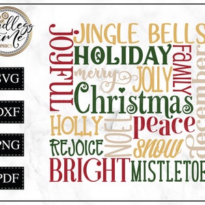 Puede incluir: Un diseño de arte de palabras navideñas con las palabras "Joyful", "Jingle Bells", "Holiday", "Merry", "Jolly", "Christmas", "Holly", "Peace", "Rejoice", "Noel", "Snow", "December", "Family" y "Bright Mistletoe" en rojo, verde, dorado y beige.