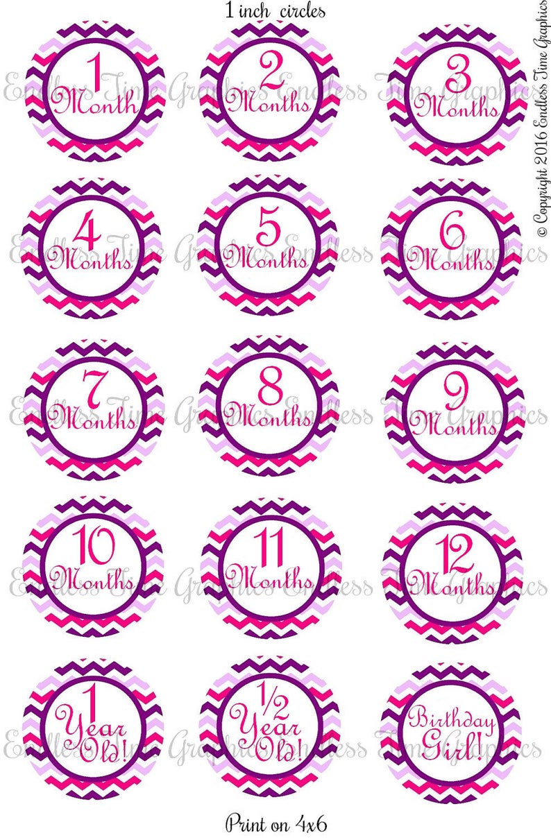 Pink Chevron Bottle Cap Images 1-12 Months: Birthday Girl Hair Bow Printable Circles 016 Cupcake Toppers Baby Milestone Bottlecap Images