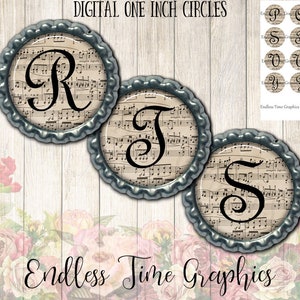 Music Bottlecap Images. Digital Bottle Cap Image. Vintage Sheet Music. Digital Collage Sheet. 1 Inch Printable Circle. Initial Bottlecap 051 image 2