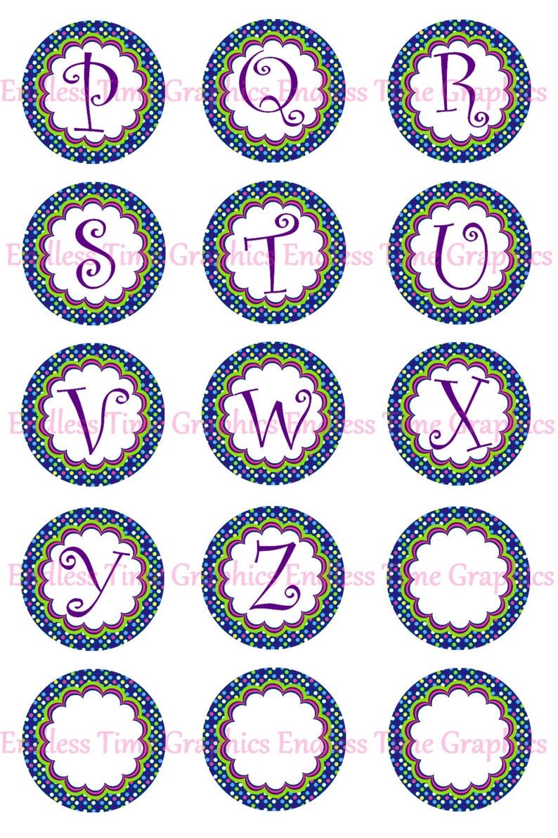 Alphabet Bottle Cap Images DIGITAL Colorful Polka Dots Background: Full Alphabet Digital Collage Sheet 1 Inch Printable Circles 187 image 2