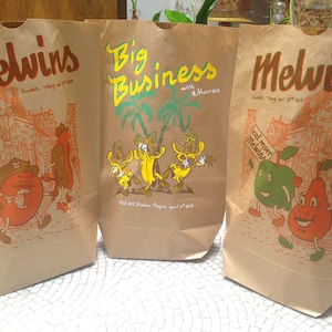 3 poster bags MELVINS and BIG BUSINESS - limited screenprinted gigposters on brown paper fruit bags