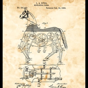 Pode incluir: Um desenho a preto e branco de uma patente de um cavalo mecânico. A patente é para um cavalo mecânico, No. 491,927, patenteado em 14 de fevereiro de 1893, por Lewis A. Rygg. O desenho mostra as pernas e o corpo do cavalo, bem como as engrenagens e mecanismos que o fazem mover. O desenho da patente está sobre um fundo de papel texturizado e envelhecido.